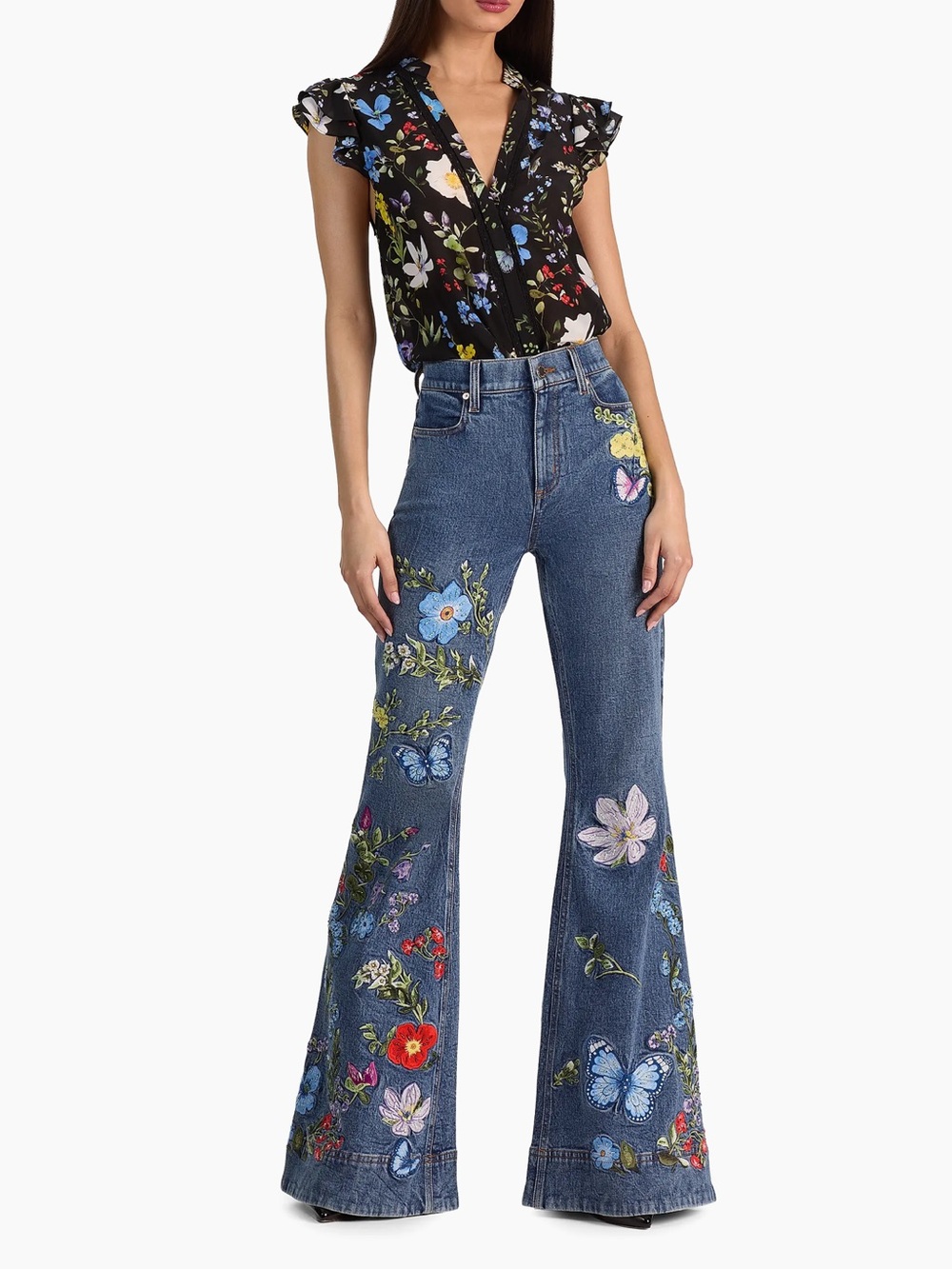 Alice + Olivia Blue High-Rise Jeans with Floral & Butterfly Embroidery